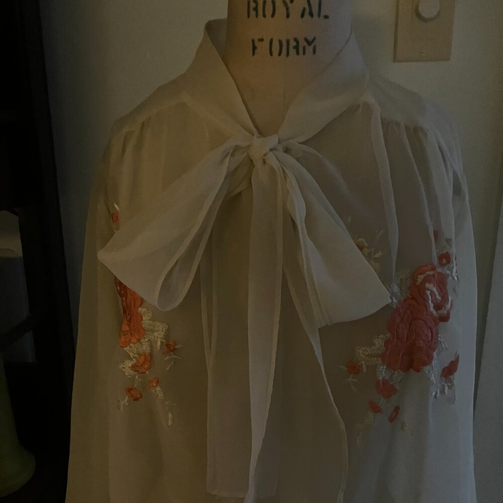 Vintage Embroidered Chiffon Tie Blouse